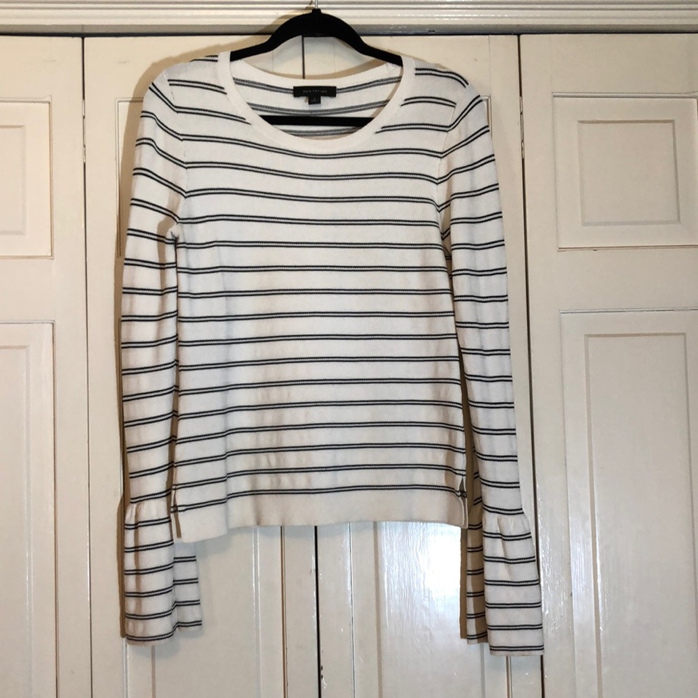 Ann Taylor Striped Bell Sleeve Relaxed Sweater Cream Black Scoop